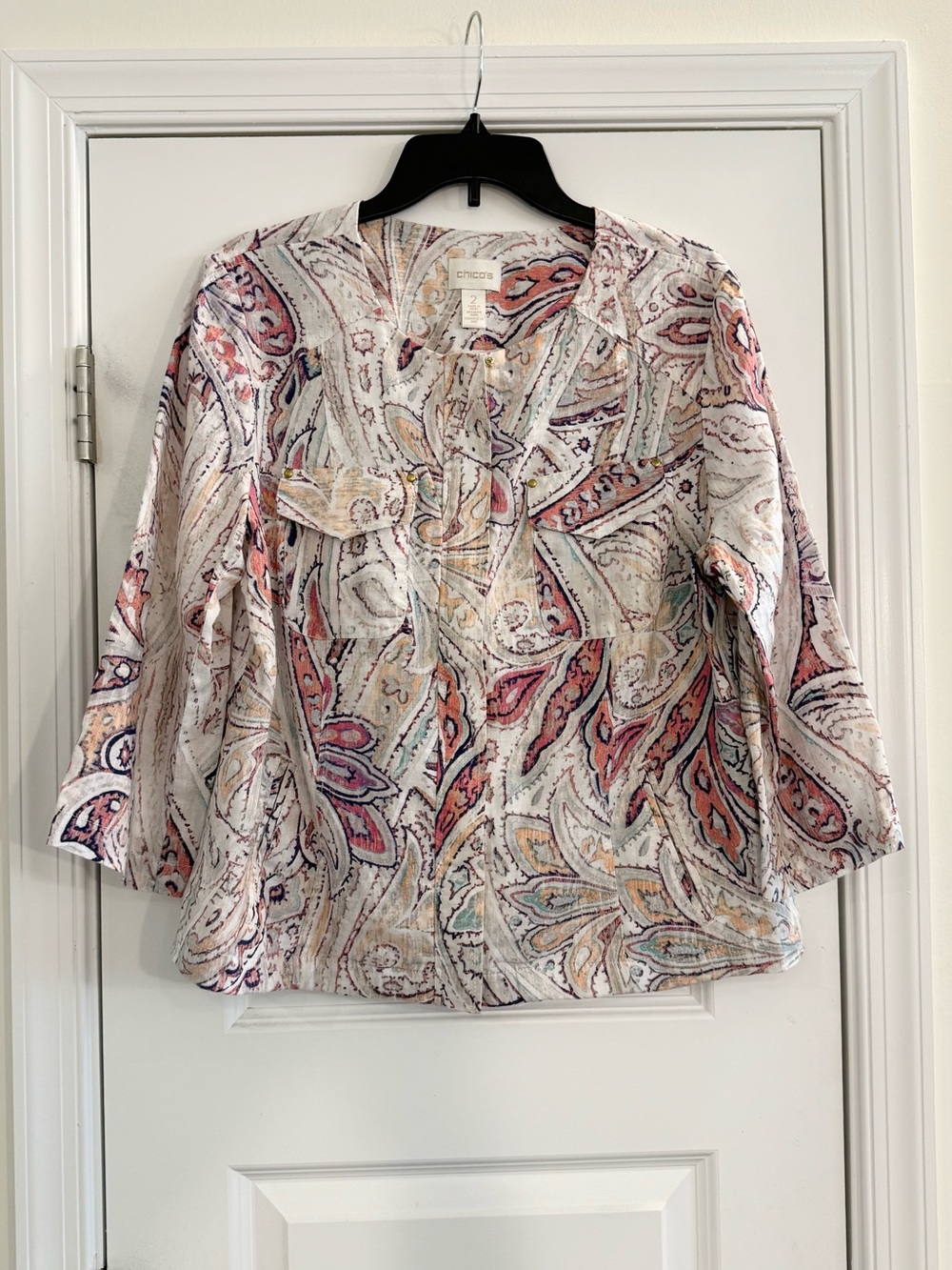 Chicos 100% Linen Paisley Jacket Lightweight Zip Front Boho Coastal Size 2